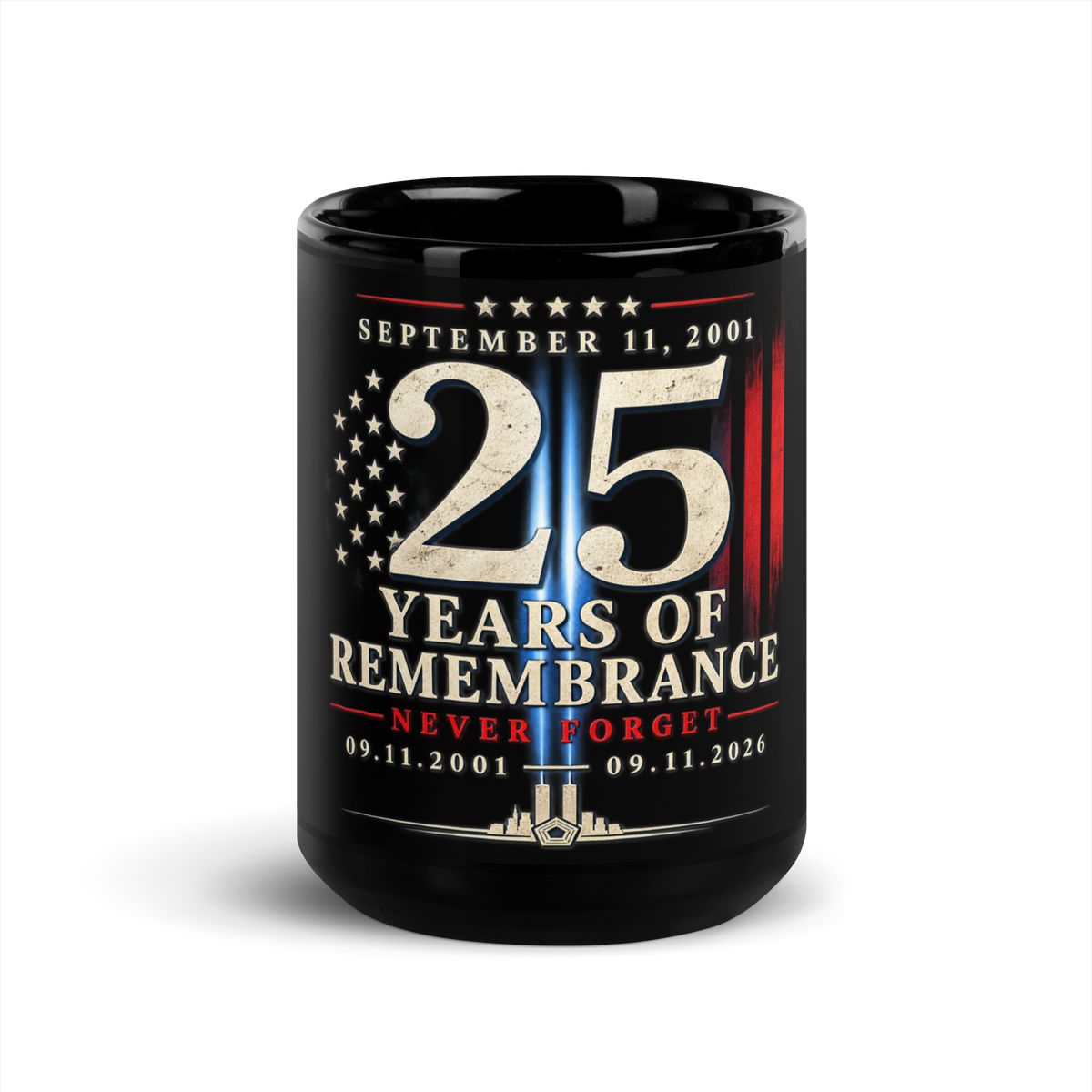 9/11-25Yrs of Remembrance Black Glossy Mug | Americish